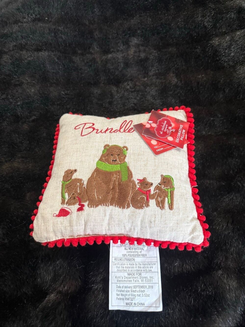 New “Bundle Up” Bear Pillow st Nicholas square Christmas